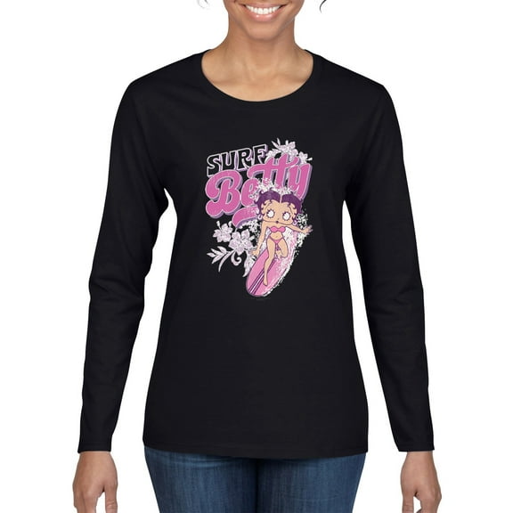 Wild Bobby Shore Surfer Betty Boop Betty Boop Womens Long Sleeve T-Shirt, Black, Small