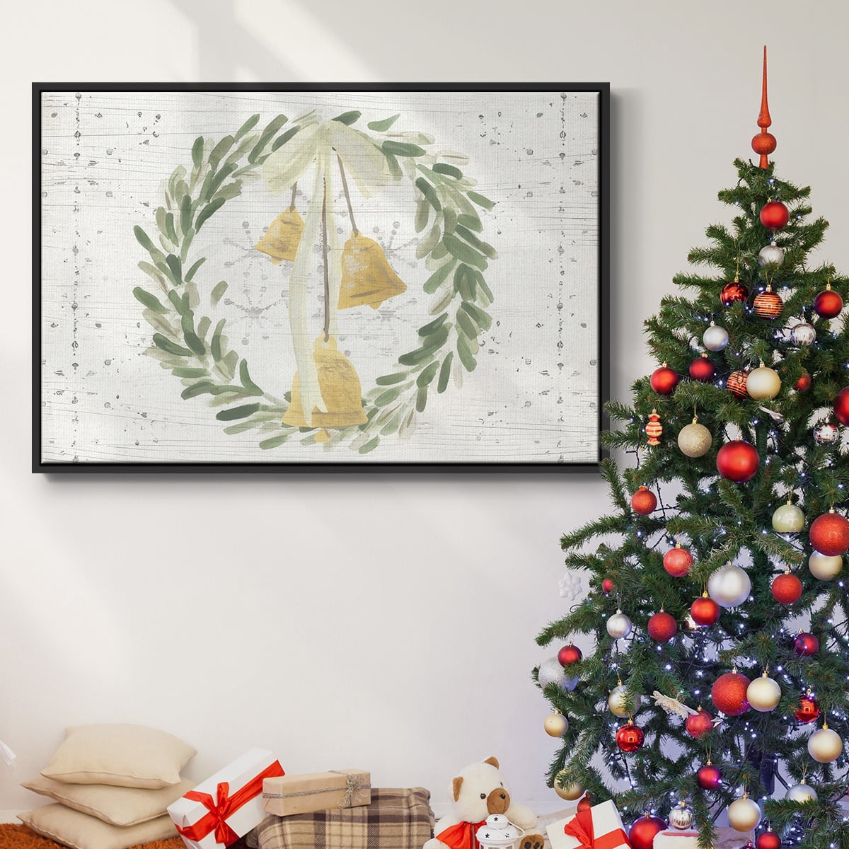 Weathered Aspen Wreath Collection A - Framed Gallery Wrapped Holiday Canvas - 17 x 25 - Black Frame
