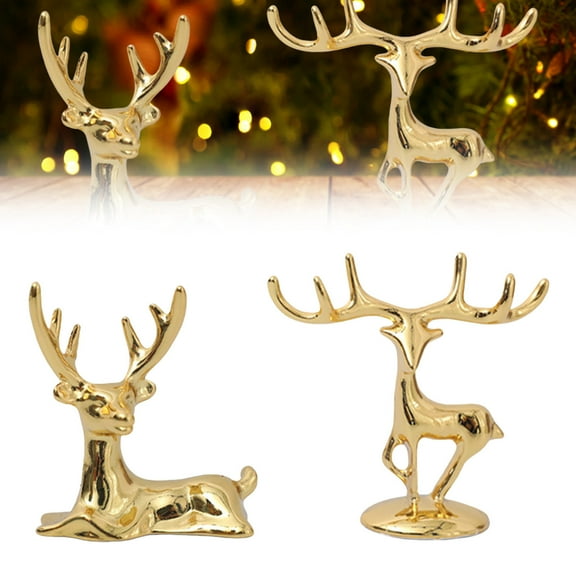 2 Pcs Christmas Reindeer Figurines Small Metal Standing Sitting Deer Statues Mini Reindeer Christmas Table Decorations for Home Indoor Xmas Holiday Rustic Decor