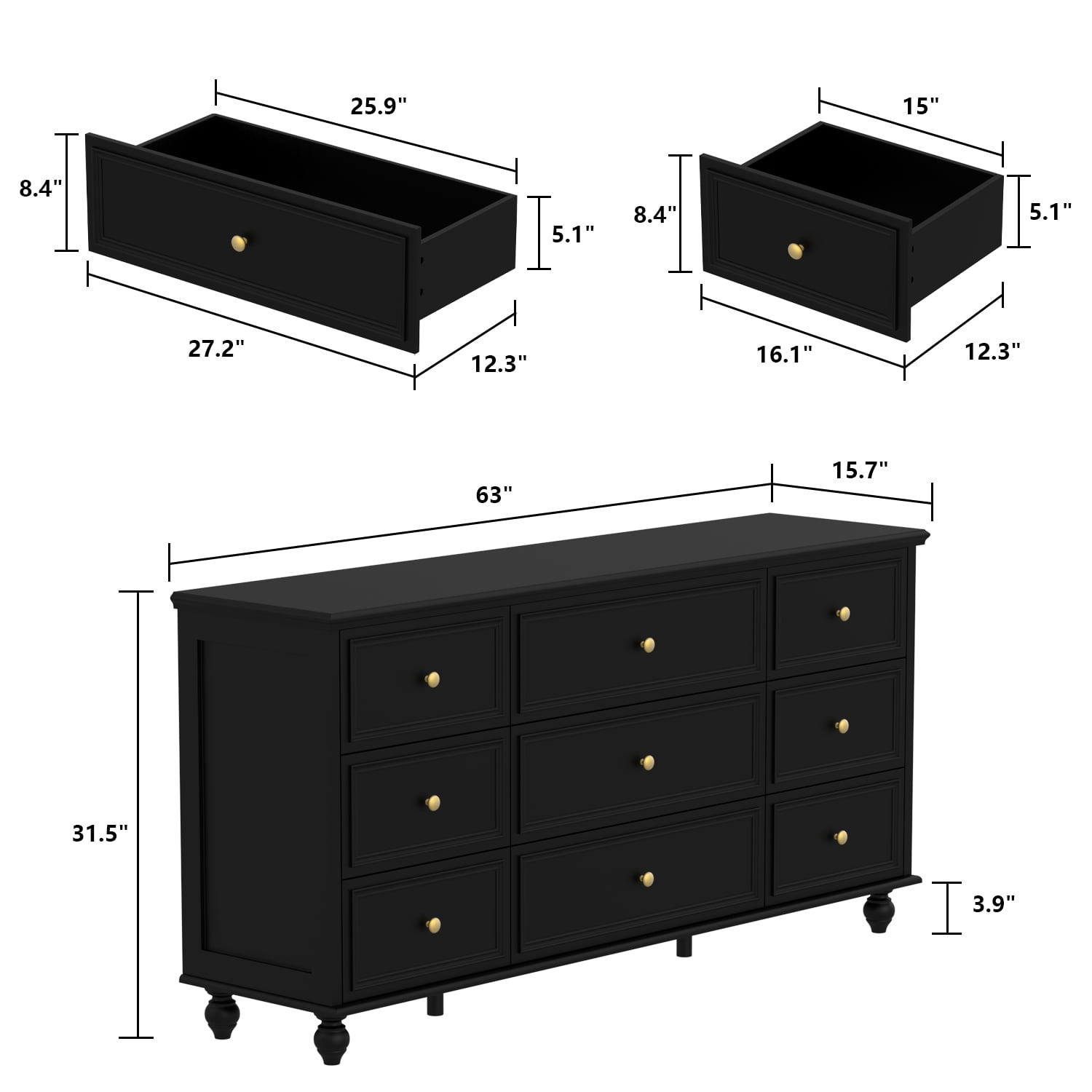 KULAGAGA 9 Drawer Dresser for Bedroom, 63" Wide Dresser Organizer Chest of Drawers for Nursery Black