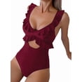 thumbnail image 3 of One Piece Swimsuit for Women Tummy Control Ruffle Bathing Suit V Neck Ruched Slimming Cutout Swimwear Wine Red M, 3 of 7