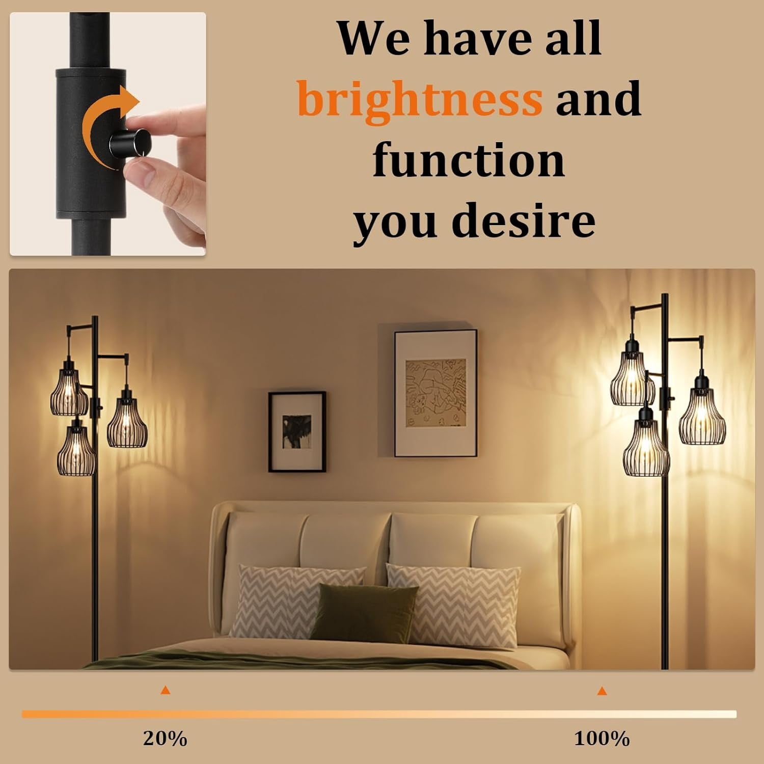 Floor Lamp, 3 x 800LM LED Edison Bulbs Included, Farmhouse Industrial Floor Lamp Standing Tree Lamp with Elegant Cage Tall Lamps for Living Room Bedroom Office - Black