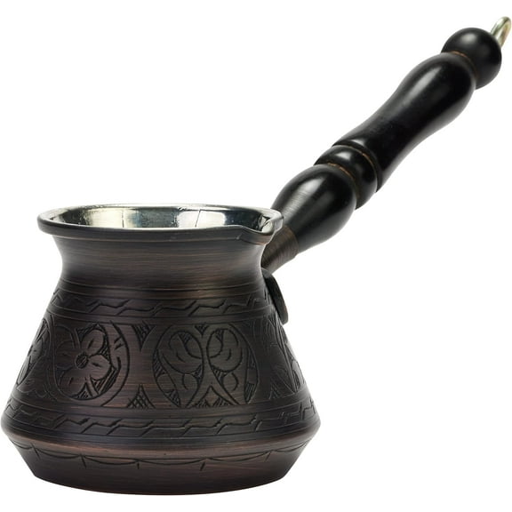 DEMMEX Thickest Engraved Solid Copper Turkish Coffee Pot – Stovetop Greek, Arabic Coffee Maker, Cezve Ibrik with Wooden Handle & Spoon, Handcrafted in Turkey, 9 fl oz (Antique Copper)