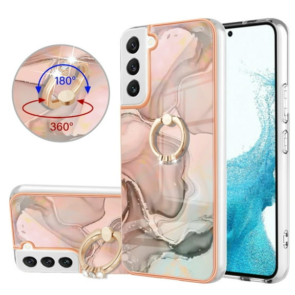 SaniMore for Samsung Galaxy S22 Plus Case, Marble Pattern 3 in 1 Heavy Duty Shockproof Full Body Hard PC IMD Bumper Drop Protective Women Girls Cover Rotating Ring Bracket Stand, Gold