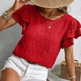 thumbnail image 4 of Fesfesfes Women's Casual Wrinkle Tops New Summer Short Ruffle Sleeves T-Shirt Round Neck Textured Fabric Flowy Tee Solid Color Outdoor(Red,M), 4 of 7