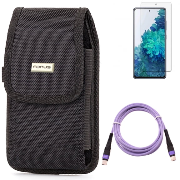 Screen Protector & Purple 6ft PD Cable & Case Belt Clip for Samsung Galaxy S20 Fan Edition - Anti-Glare Tempered Glass   Type-C to USB-C Long Charger Cord   Rugged Holster Combo