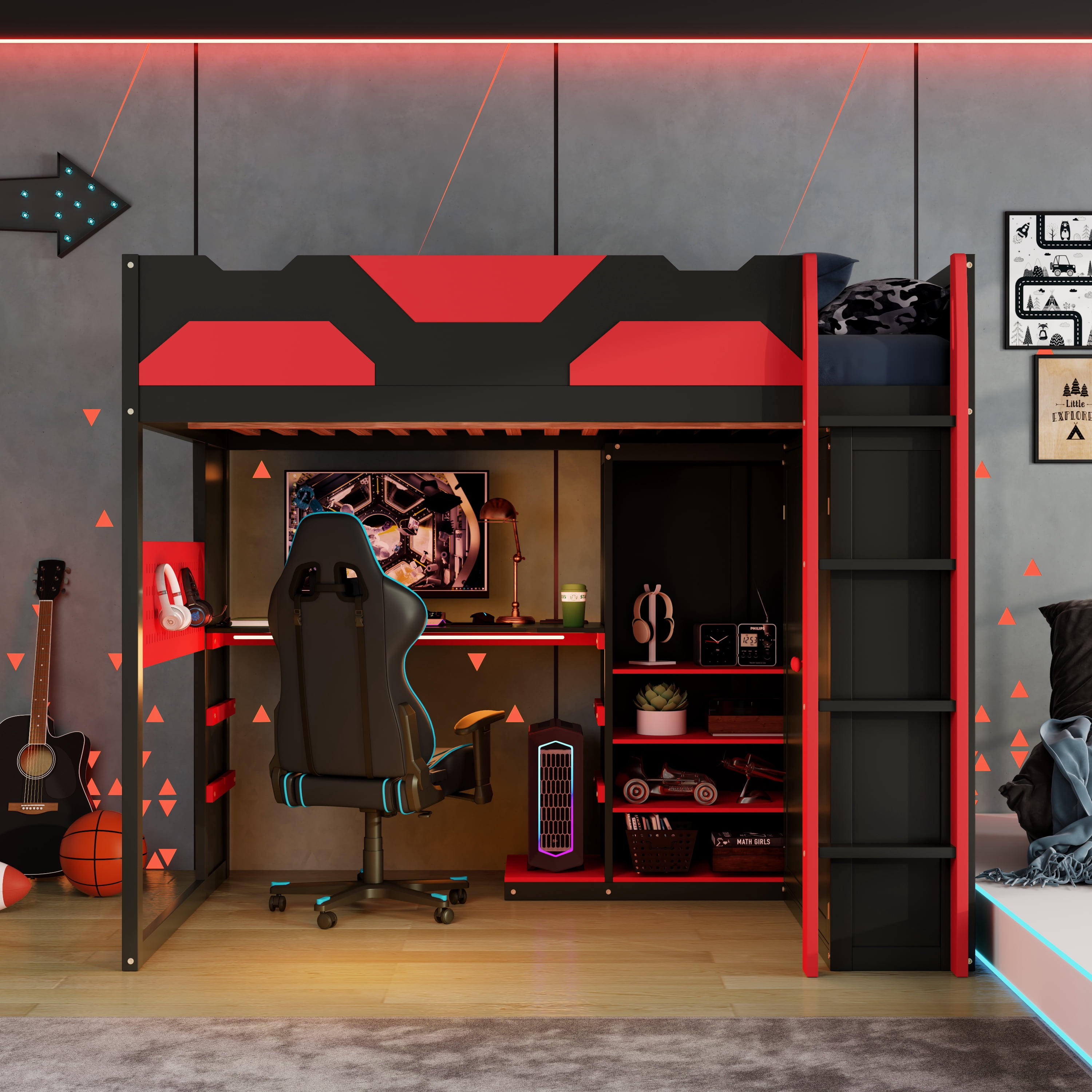 Mintazer Full Gaming Loft Bed with Adjustable Desk & Wardrobe, Modern Design with RGB Lights & Storage Pegboard, Black & Red