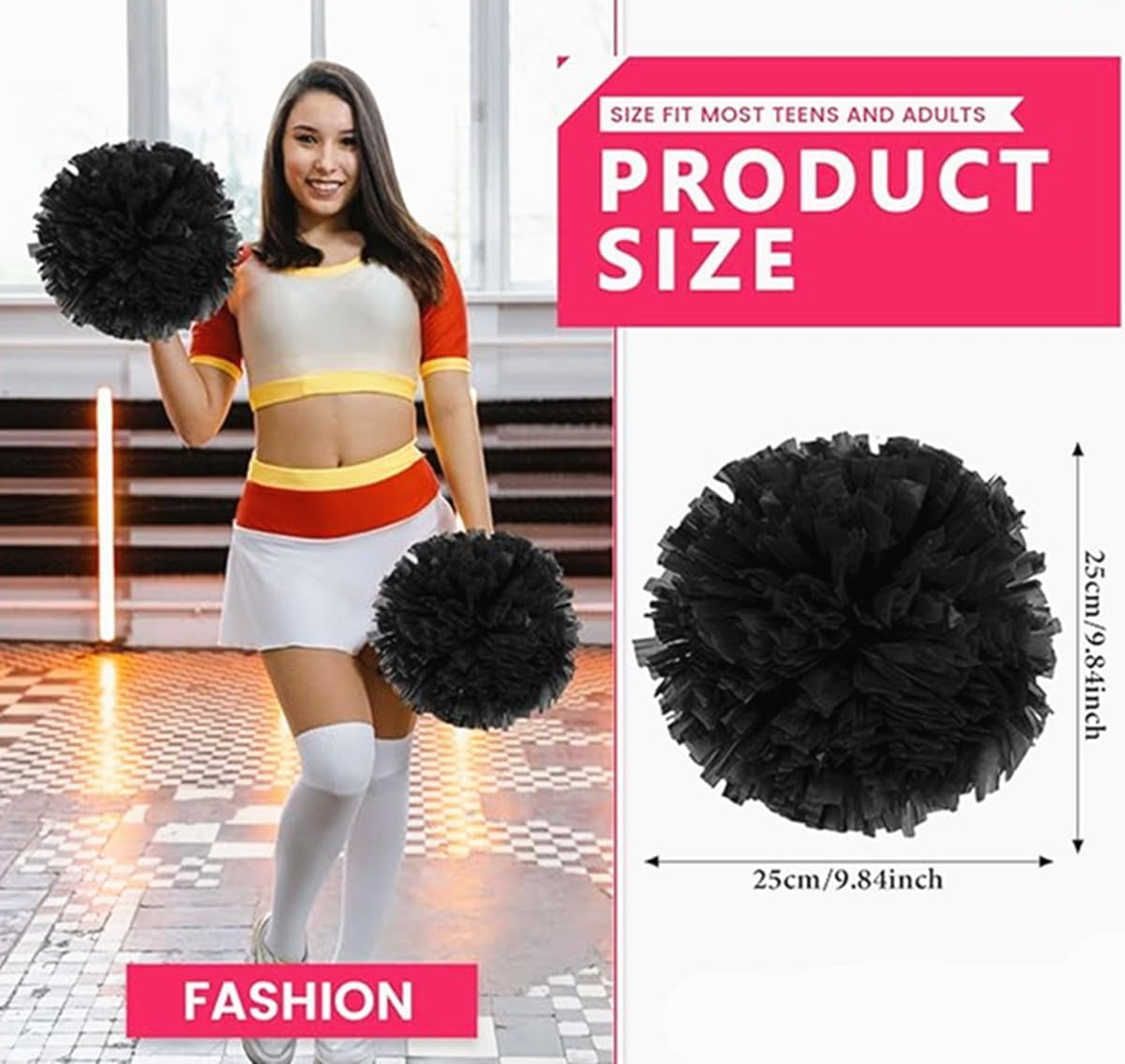 EONQY Cheerleading Pom Poms, 20 Pack Cheerleader Pom poms with Baton Handle, Cheering Squad Pompoms for School Dance Sports Team Spirit (Black)