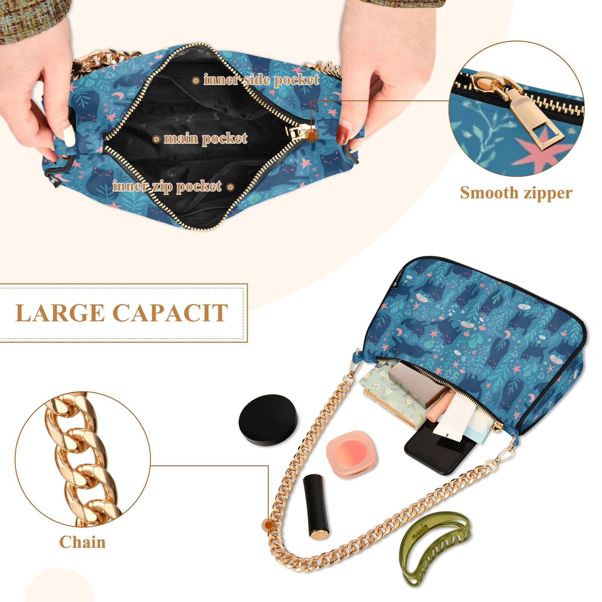 FORMRS Womens Shoulder Bag with Chain Strap Clutch Purse Cute Tote Handbag, Blue Forest Cat Pattern