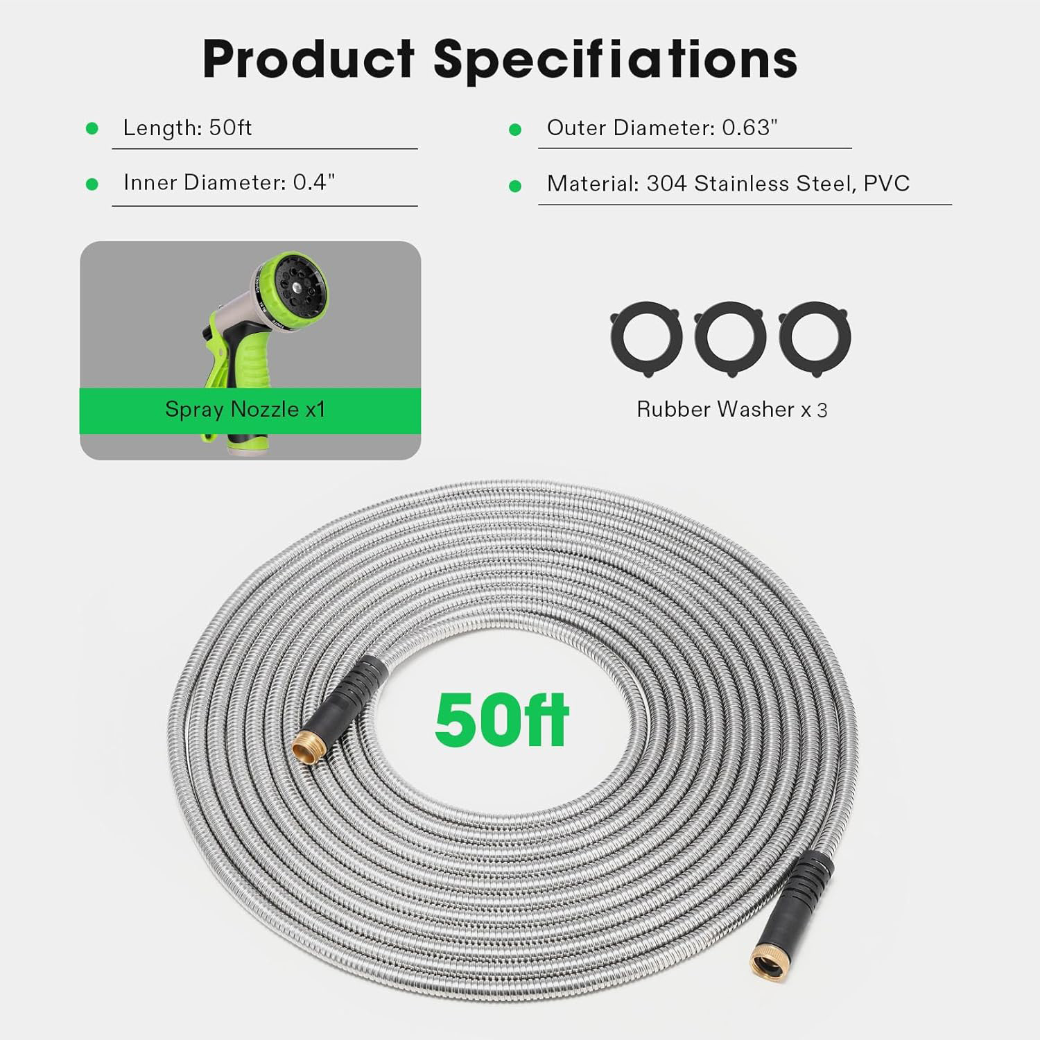 Metal Garden Hose 50ft, 304 Stainless Steel Garden Hose, Heavy Duty Water Hoses with 10 Function Hose Nozzle, Flexible, No Kink & Tangle, Puncture Proof Hose for Yard, Outdoors, Rv