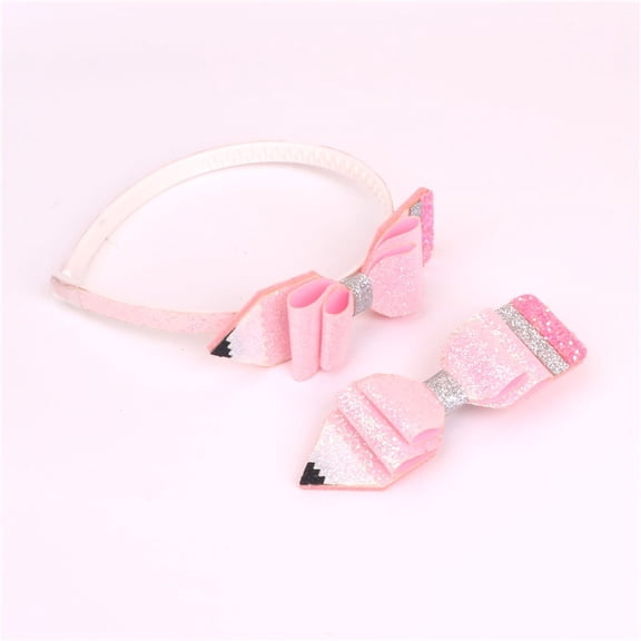 2 pack Back to School Headband pink Pencil Hair Bands Glitter Pencil Bow Head band Cute School Hair Accessories for Women Girls First Day of School Party Supplies（Headband hair clip）