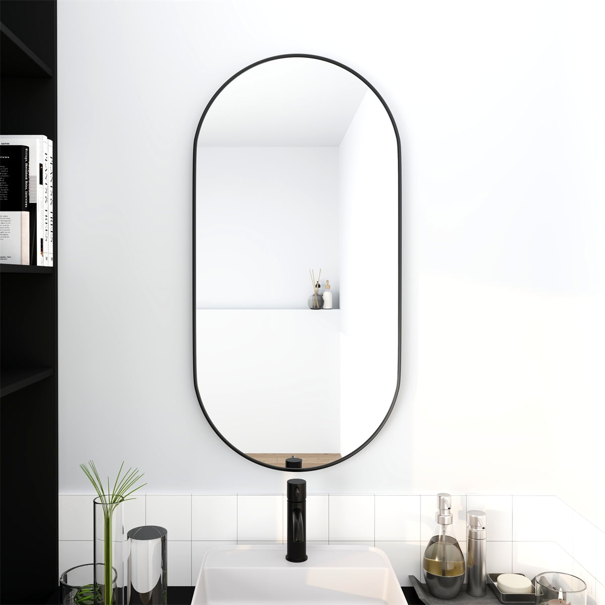 Oval Wall Mounted Mirror, Bathroom Pill Mirrors Large Vanity Decor Mirror with Black Aluminum