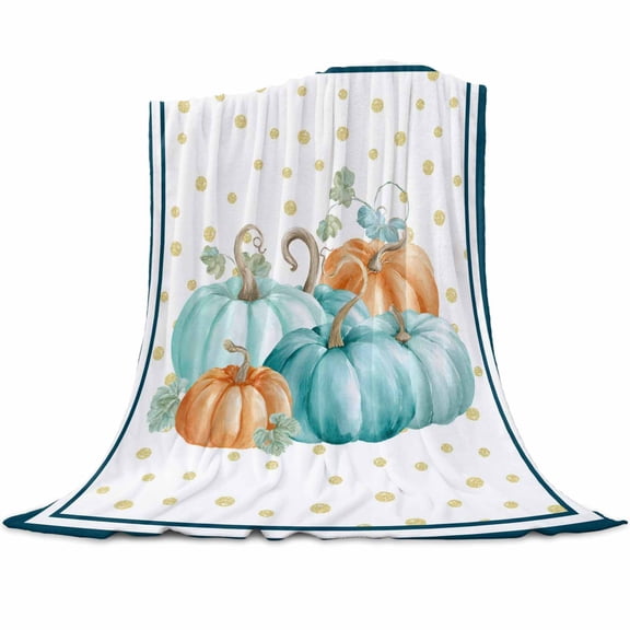 Orange Teal Blue Pumpkin Flannel Blanket for Bed,Travel and Camping, Thanksgiving Fall Blue Dots Stripes Super Soft Cozy Blanket for All Seasons 40"x50"