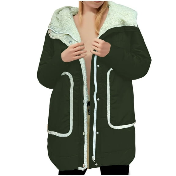 jtjvou Women Winter Coats with Hood Fleece Lined Thickened Jacket 2025 Long Sleeve Full Zipper Outwear with Pocket Green XL