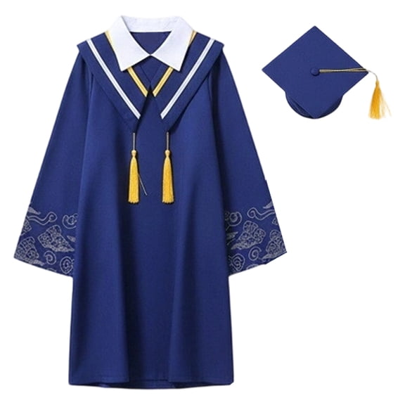 Yiyuu Girls Academic Graduation Outfit Set Navy Blue Graduation Gown with Tassel Cap for Ceremony