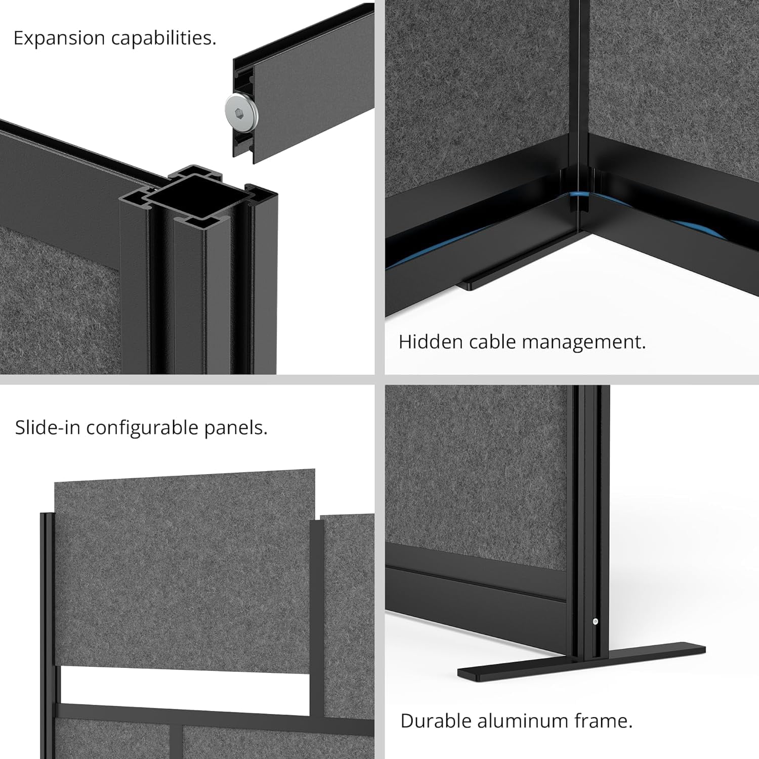 Stand Up Desk Store Workflow Modular Wall | 70'' x 70'' Wall | Expandable Partition Room Divider with Rearrangeable Frosted Acrylic, Sound Absorbent and Whiteboard Wide Panels (Black Frame)