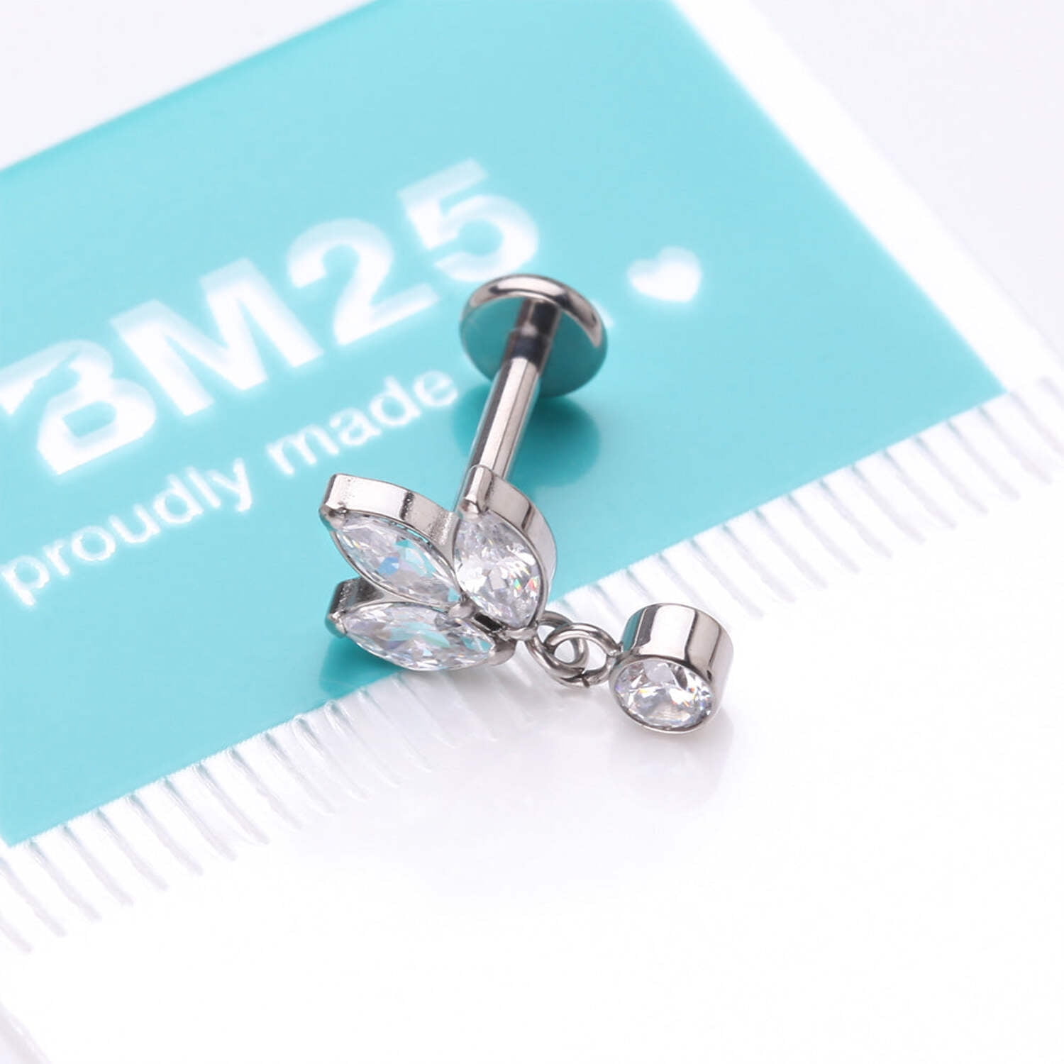 Implant Grade Titanium Marquise Flower Sparkle Dangle Internally Threaded Flat Back Stud Labret