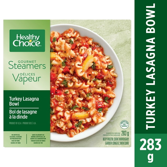 Healthy Choice Gourmet Steamers Turkey Lasagna Bowl frozen dinner with seasoned turkey, pasta, cheese, and vegetables in marinara sauce, high in fibre, ready in minutes by microwave, weighing 283 grams.