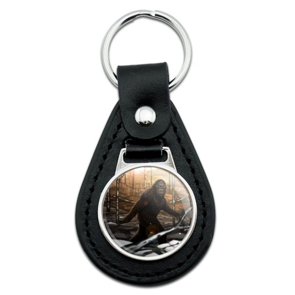 Bigfoot Sasquatch Walking in the Woods Black Leather Keychain