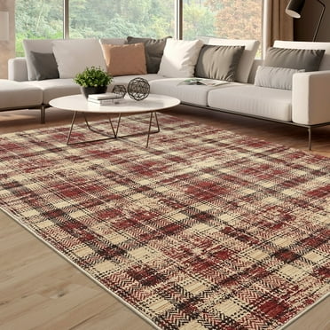 GlowSol 10'x13' Washable Area Rugs for Living Room Modern Farmhouse Plaid Rug Non-Slip Low Pile Large Rug Floor Cover, Red