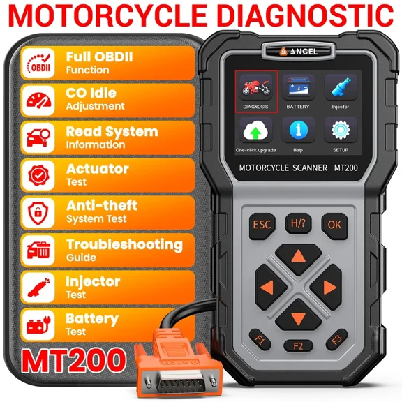ANCEL MT200 Motorcycle Scooter Scanner Full System OBD2 Diagnostic Tool Code Reader Injector Test Battery Test for Suzuki Honda Yamaha BMW Kawasaki