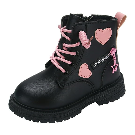 Glisme Girls Winter Girls Snow Boots Leather Lace Up Stylish Color Matching Side Zipper Boots Trend Black Boots Size 3.5-4 Years