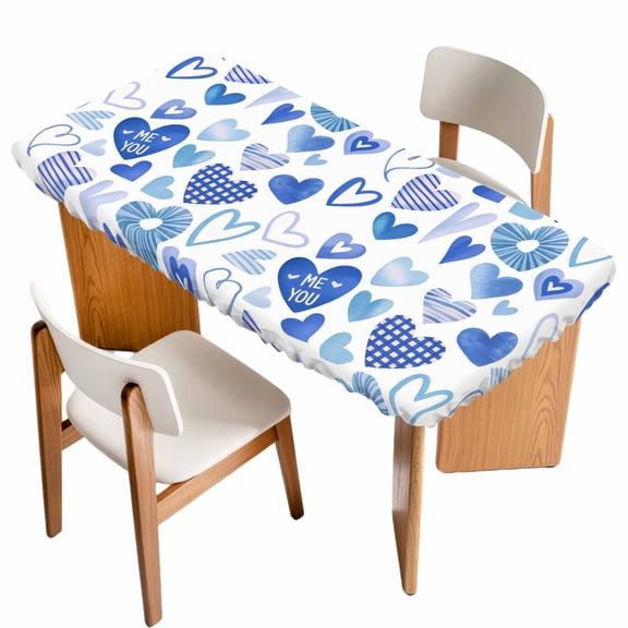 Valentine's Day Table Cloths for 3 Foot Rectangle Tables, Blue Love Heart Romantic Me You Patio Waterproof Elastic Fitted Tablecloths, Washable Rectangular Table Cover for Camping