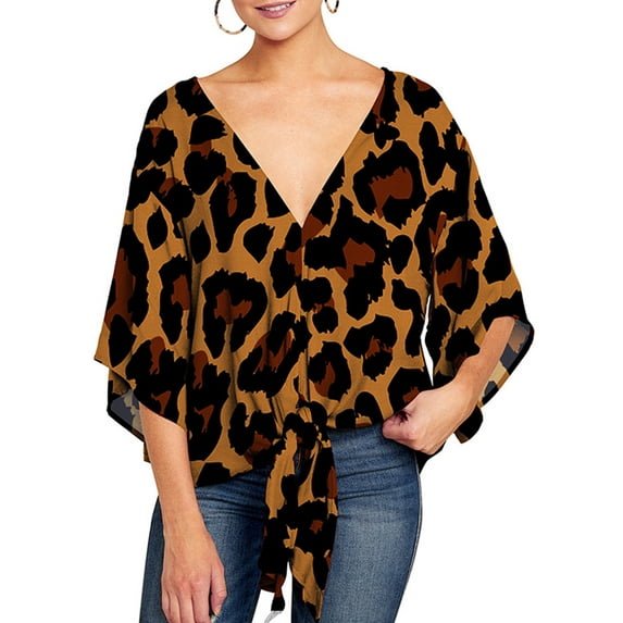 Uhndy Women Floral Leopard Tie Front Blouses Tops V Neck Batwing Short Sleeve Summer Boho Tunic Shirts Plus Size Work T Shirt-LQ