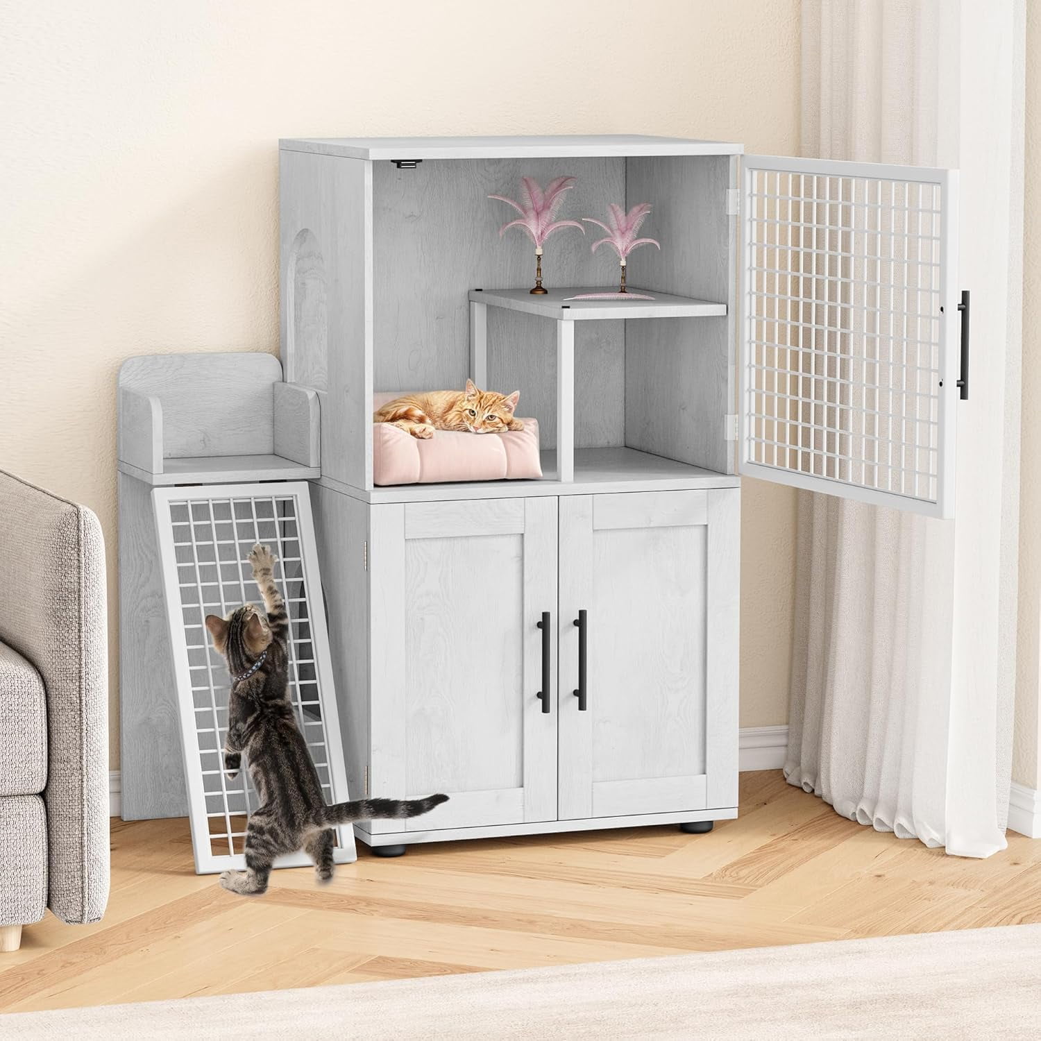 Modern Villa Litter Box Enclosure with Platform – Double Layer Hidden Furniture for Indoor Cats, Washroom Cat House with Ladder, 33.5" L x 17.9" W x 41.9" H, Stylish Enclosed Cat Litter Box