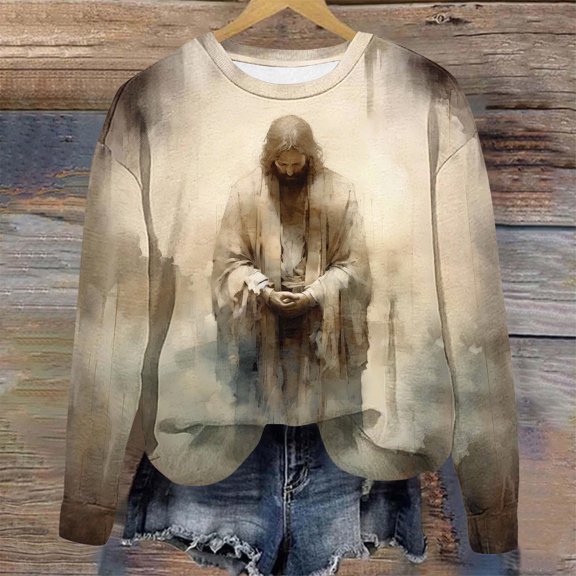 HOMBOM Crew Neck Sweatshirts for Women Trendy Pullover Beige Fall Loose Tops Easter Jesus Long Sleeve Casual Sweatshirt