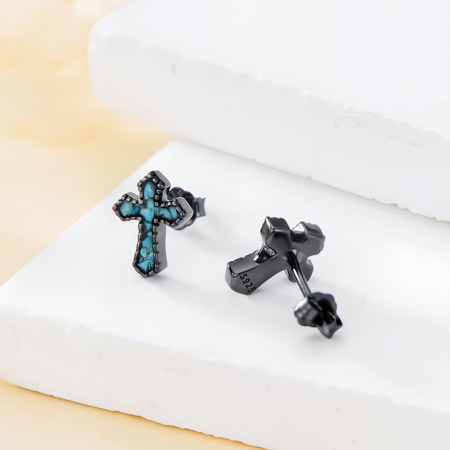 Cross Stud Earrings with Turquoise 925 Sterling Silver Black Plated Cross Earrings Christian Jewelry for Men Women