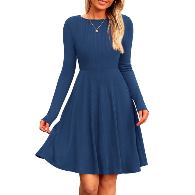 Vestido PRETTYGARDEN de Punto Acanalado Azul Oscuro de Manga Larga Talla S