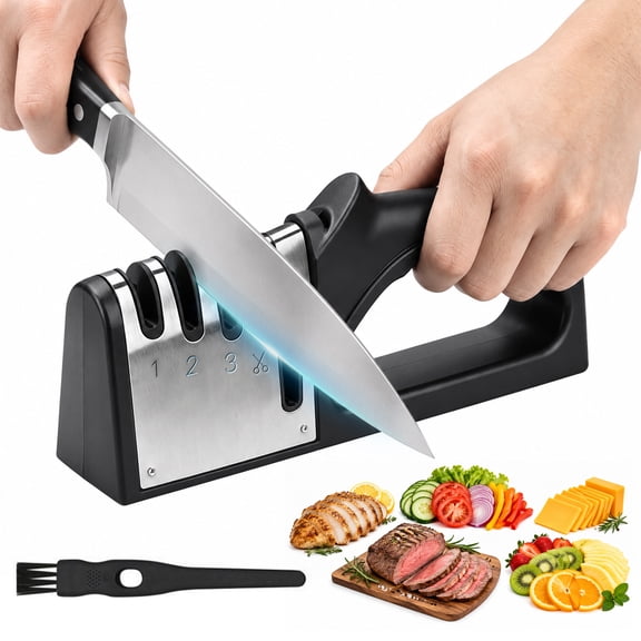 Wavraging 4 in 1 Kitchen Knife Sharpener, Manual Knife Sharpener for Repairing, Restoring and Polishing Kitchen Knives, Ergonomic Non-Slip Handle, Black