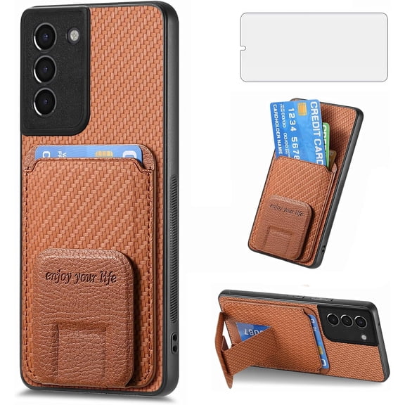 Phone Case for Samsung Galaxy S21 Plus S21  5G Wallet Cover with Tempered Glass Screen Protector Slim Card Holder Kickstand Cell Accessories S21 5G S21plus 21S   S 21 21  G5 Women Men Brown