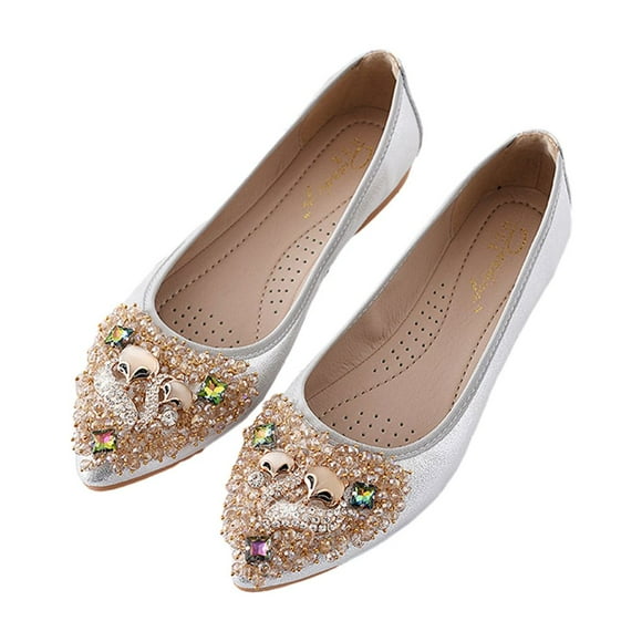 Baohd 1 Pair Leisure Time Women Rhinestone Loafers Party Banquet Girls Flat Heel Shoes Ladies Ballet Slides Footwear Silver Size 34