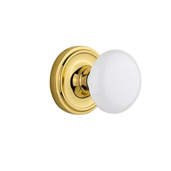 Nostalgic Warehouse 716855 Classic Rosette with White Porcelain Door Knob, Privacy - 2.375", Unlacquered Brass