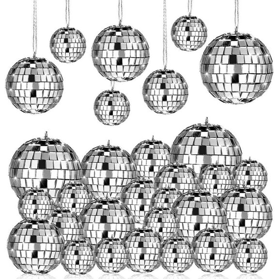 24 Pcs Hanging Mirror Disco Ball Glass Disco Ball Silver Mini Disco Ball Reflective Disco Ball, Halloween Disco Party Supplies, Christmas Tree Decorations (1.2inch, 1.57inch)