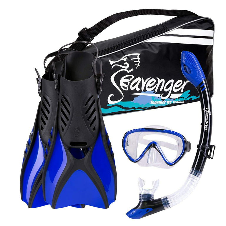 Seavenger Advanced Snorkeling Set with Panoramic Mask, Trek Fins, Dry Top  Snorkel & Gear Bag (Clear Silicone/Blue, Medium) 