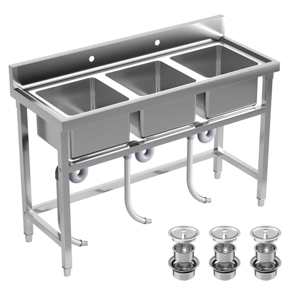 Stainless Steel Utility Sink, 3 Compartment Commercial Sink, Free-Standing Commercial Sink Heavy Duty for Garage, Restaurant & Outdoor Garden