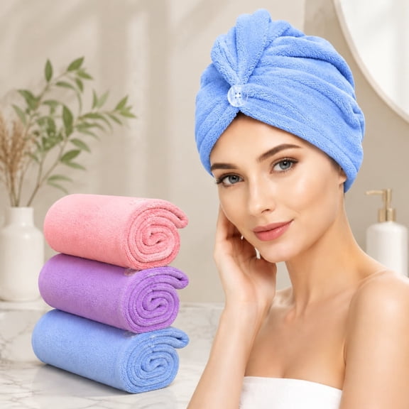 3 Pack Microfiber Hair Towel Wrap for Women,Super Absorbent Hair Towel for All Hair Types, Large Hair Drying Towels with Button for Women, Microfiber Towel for Hair