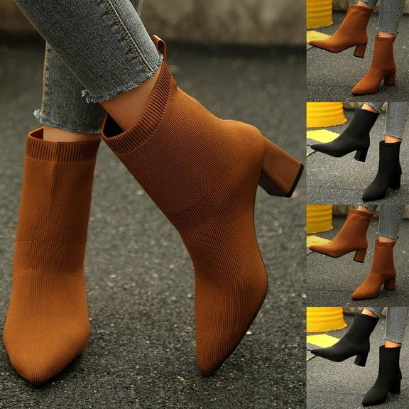 Black Booties TKYCMSUAKI Women's Sock Boots Chunky Heel Ankle Booties Elastic Suede Pointed Toe Fall Winter High Heeled Mid Calf Boots