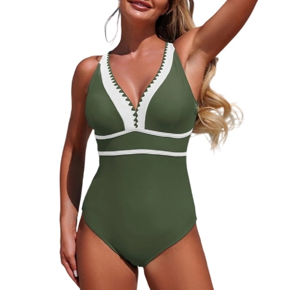 Erwazi Women's Tight Fit One Piece Swimsuit Stripe V Neck Tummy Control Beach Swimwear