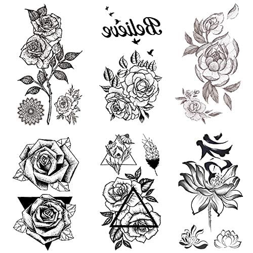 Yesallwas 6 Sheet Small Fake Rose Tattoo For Women Kids Girls Waterproof Black Flower Temporary Tattoos Lasting Sexy Tattoos Walmart Com