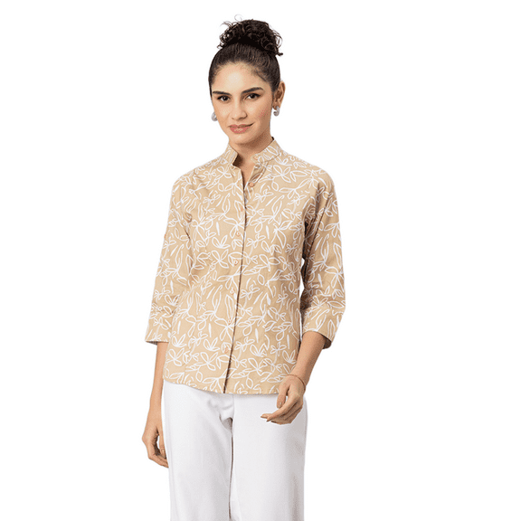 MoomayaWomens PrintedCotton Shirt Top, Mandarin Collar Button Down Elbow Sleeves Top
