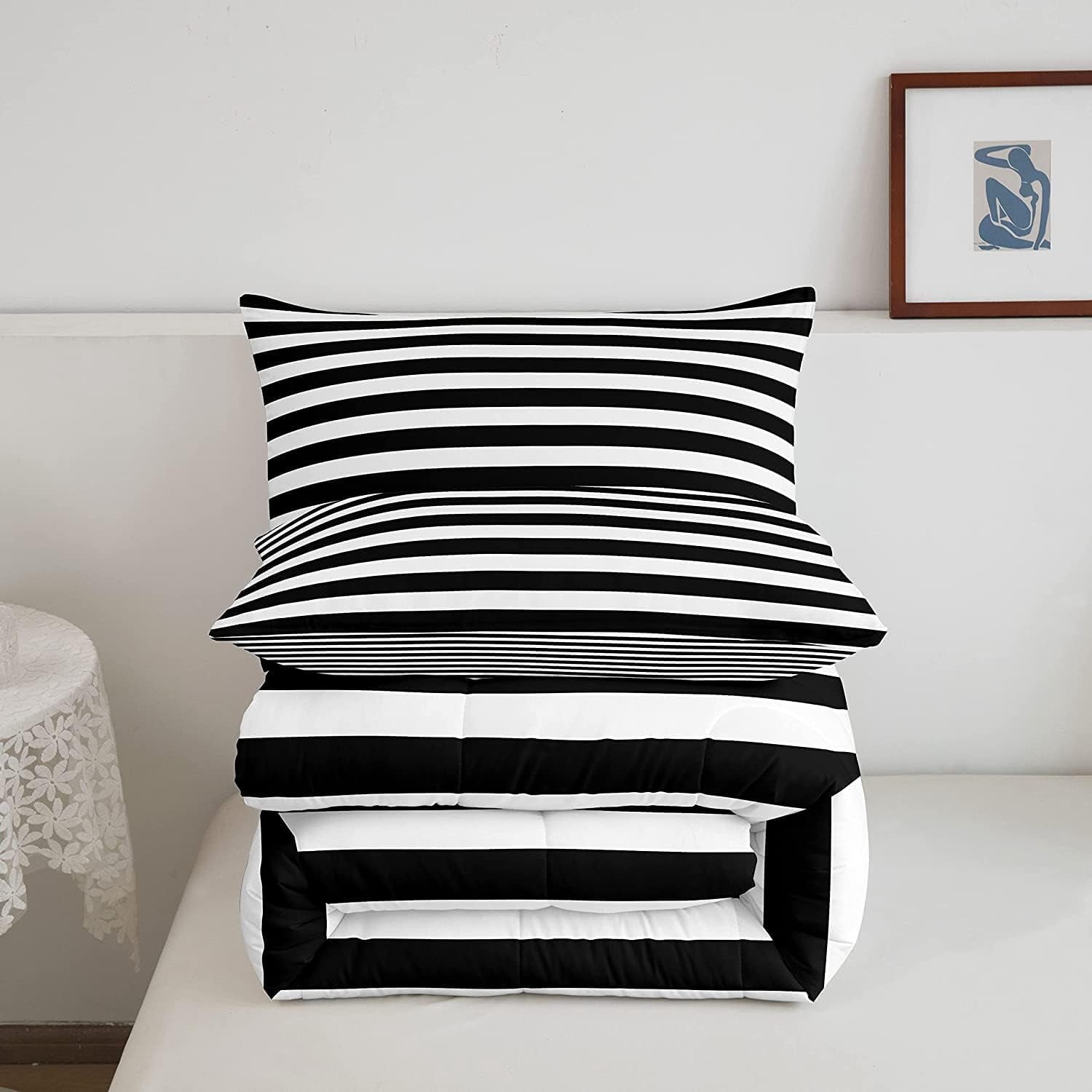 Set Copripiumino King Size 3 Pezzi A Righe Geometriche Nero/Bianco - Microfibra Morbida