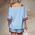 thumbnail image 4 of Karymi Womens Blouses Tracksuit 2 Piece Outfit, Contrast Off Shoulder Short Sleeve Striped Cuff Baot Neck Top & Elastic Drawstring Waist Side Trim Shorts Going Out Tops, 4 of 7