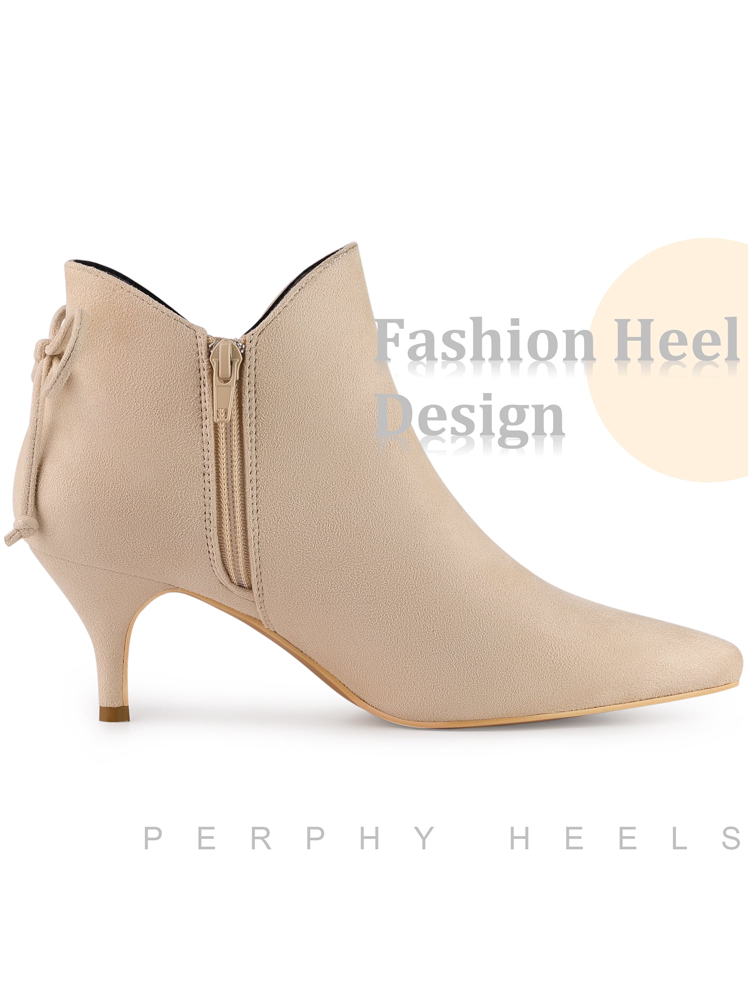DARING DIVA Women's Pointed Toe Bow Cutout Kitten Heel Ankle Boots Beige 7.5