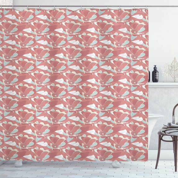 Blue and Coral Shower Curtain, Hand Drawn Floral Pattern Poppy Design Countryside Foliage, Fabric Bathroom Set with Hooks, 69W X 84L Inches Extra Long, Coral Pale Blue and Cream, by Ambesonne