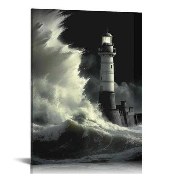 COMIO  Lighthouse Wall Art Decor Black and White Nautical Storm Canvas Picture Prints Set Ocean Wave Seascape Painting for Bathroom Room Framed