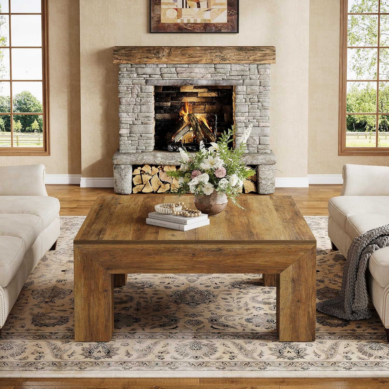 Tribesigns 39.4" All-Wood Coffee Table: Farmhouse Style Accent Centerpiece for Living Room with Sturdy Legs, Rustic Brown